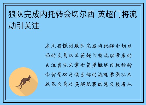 狼队完成内托转会切尔西 英超门将流动引关注